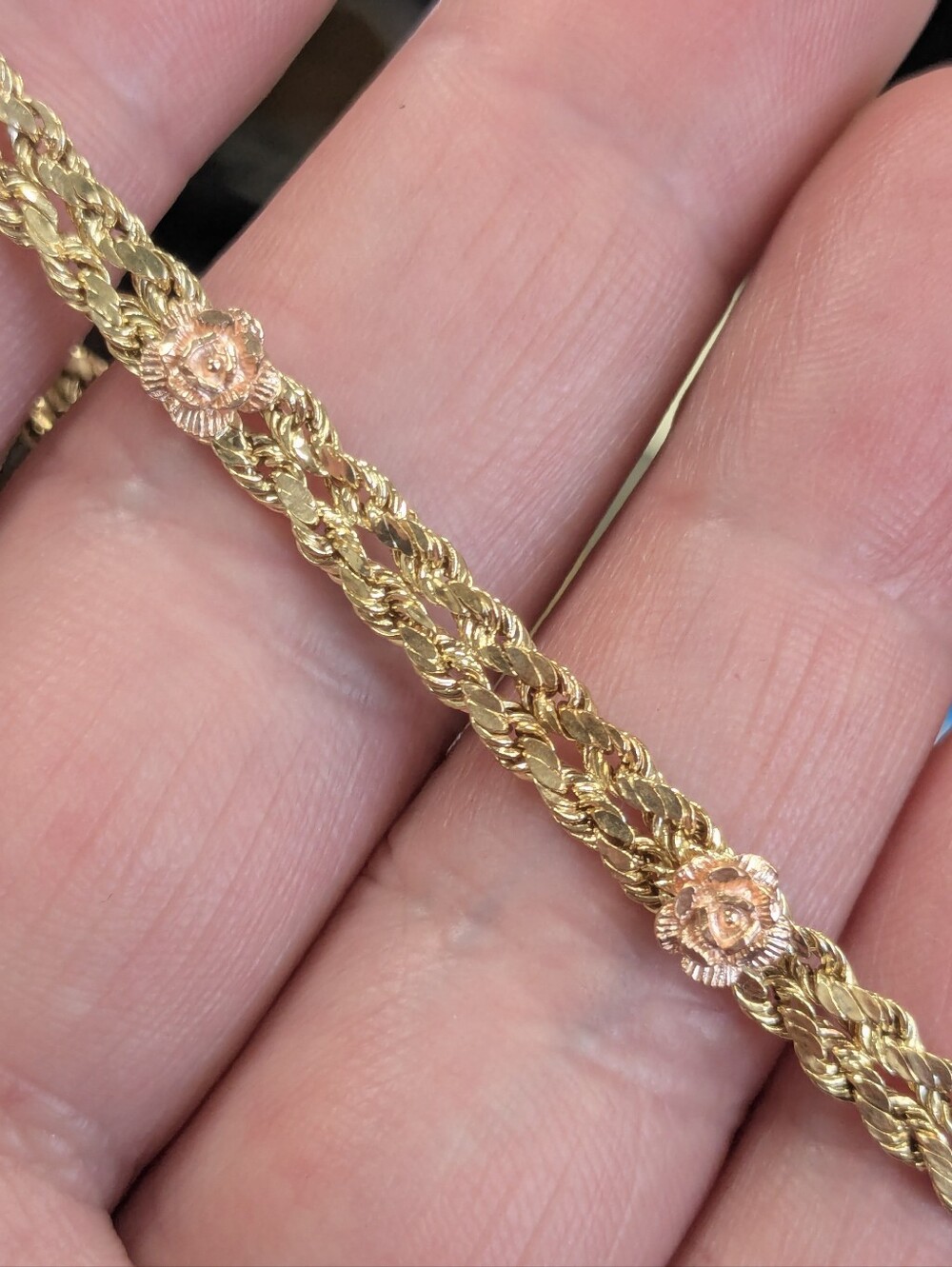 14k Yellow Gold Double Rope Bracelet With Rose Flower Details Women's 7.5" - Picture 14 of 16